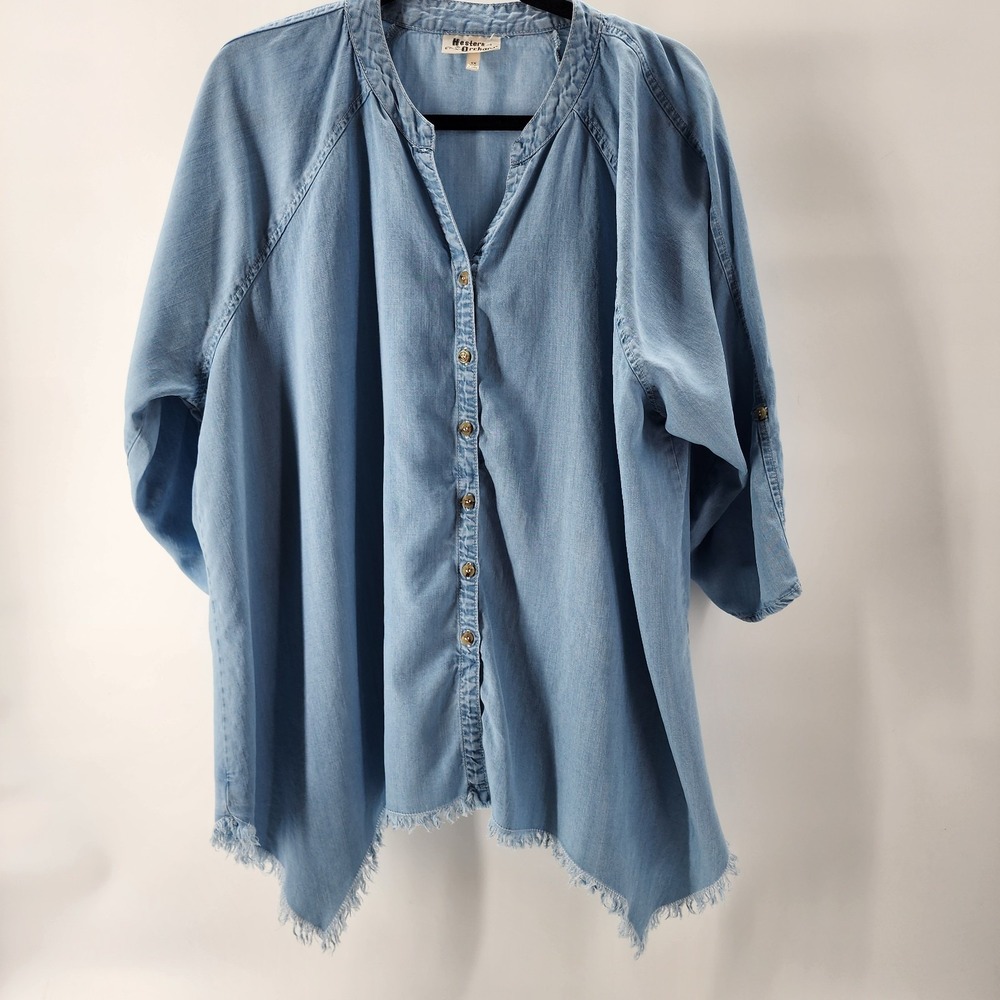 Hester & Orchard TENCEL Blue 3/4 Tab Sleeve Blouse Shirt Women's size 1X Raw Hem
